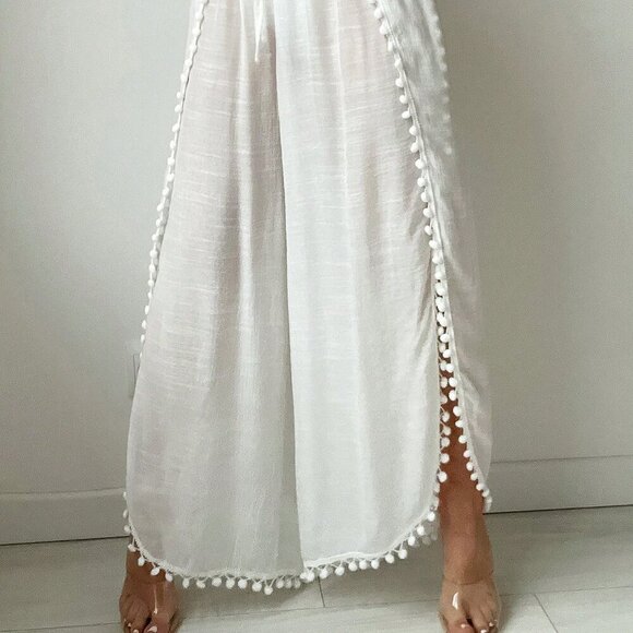 White Boho Women's Beachwear Pom-Pom Trim Tie Front Waist Splice Cover Up Pants - Picture 4 of 4